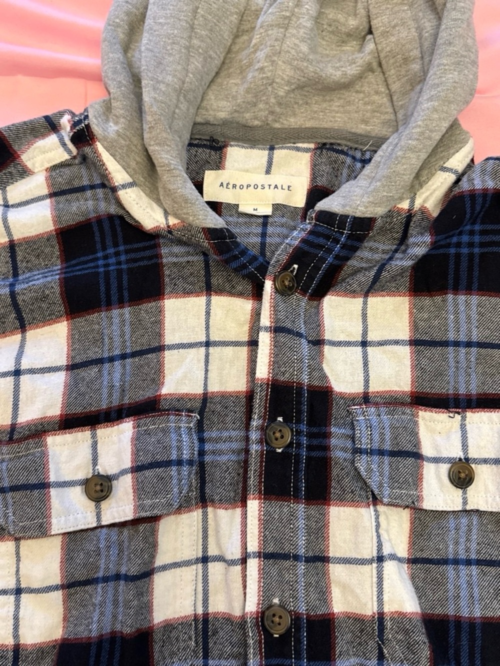 Aeropostale Navy, White and Gray Plaid Hooded Button-Up Shirt